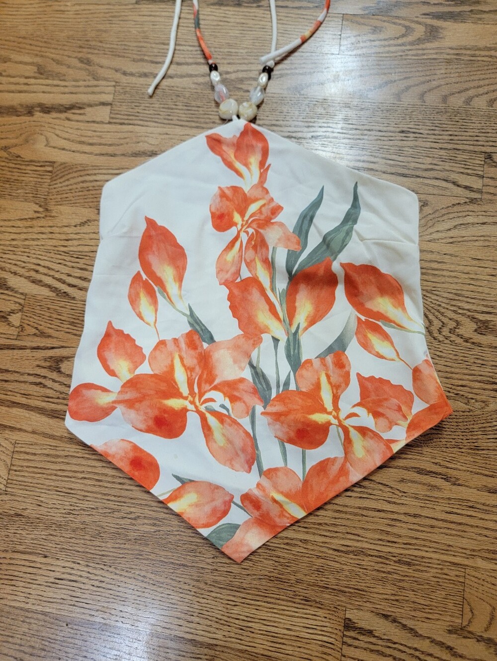 Rich & Famous White Floral Halter Top with Orange Blooms